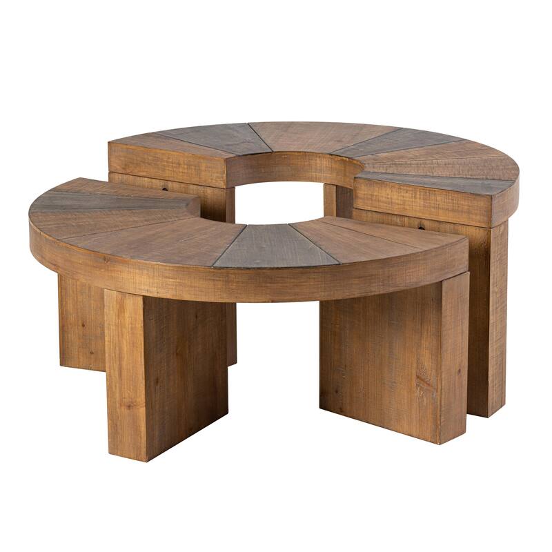 COZAYH Farmhouse Round Coffee Table Set, Rustic Wooden Coffee Table with 2-Piece Semi-Circular Design, Large Circle Table