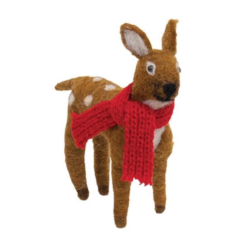 Deer with Scarf Felted Ornament Christmas Woodland Decor - 4" x 4.5" - Brown/Red