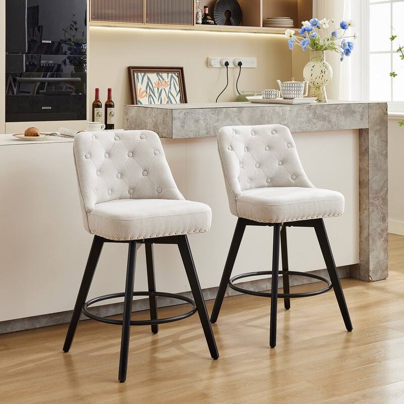 Bar Stools Set of 2, Modern Swivel Counter Height Bar Stools with Back and Wood Legs - Linen Beige