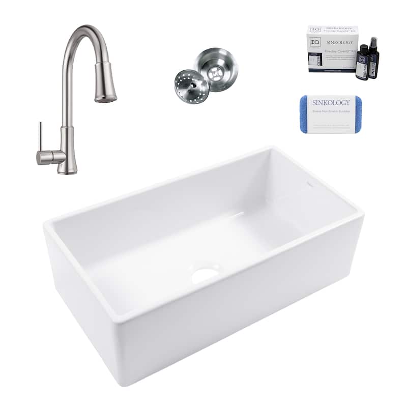 Austen Crisp White Fireclay 33" Farmhouse Apron Front Undermount Single Bowl Kitchen Sink with Pfirst Faucet Kit
