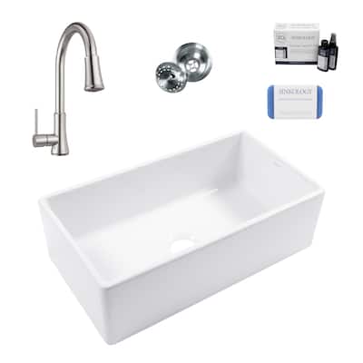Austen Crisp White Fireclay 33" Farmhouse Apron Front Undermount Single Bowl Kitchen Sink with Pfirst Faucet Kit