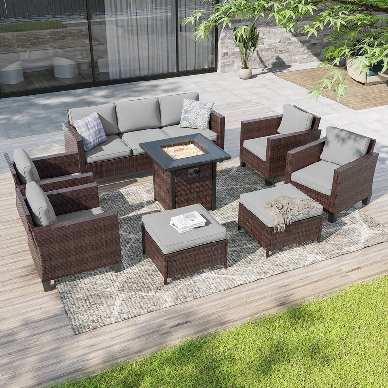 Livoosun 8 Pieces Patio Sofa with 28'' Fire Table Set, PE Wicker, Wide Armrests High Back Sofa Chair Design for Lawn, Patio - Brown Wicker/Gray Cushion