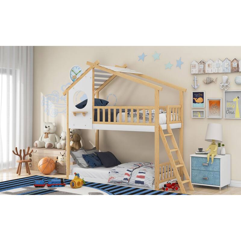 Twin Over Twin Bunk Bed Wood Bed House Bed with A Ladder and Storage