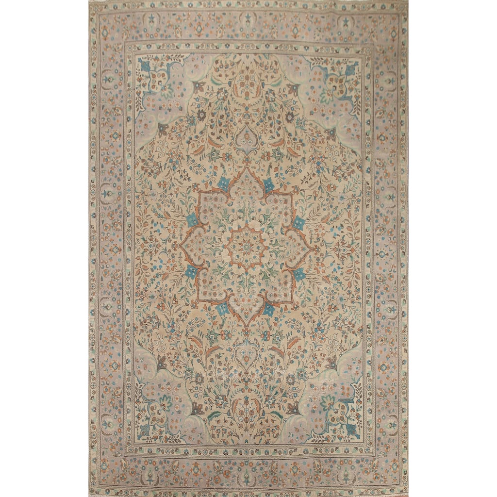 Hand Knotted Oriental 100% Wool Carpet Traditional Floral Beige & Ivories Tabriz Area Rug - 12' 8'' X 9' 8''