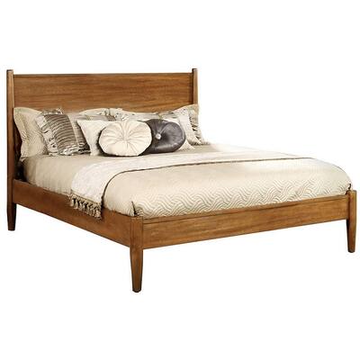 Wooden California King Size Bed with Panel Headboard, Oak Brown