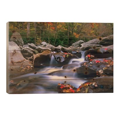 Little Pigeon River, Cascading Among Rocks And Colorful Fall Maple Leaves, Tennessee I Print On Wood by Tim Fitzharris