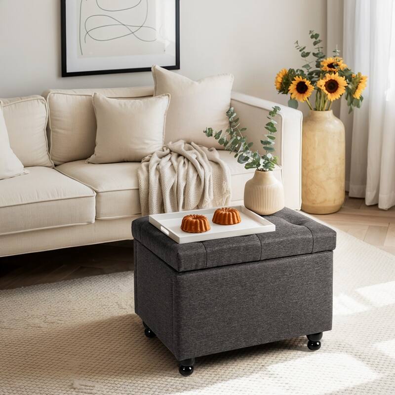 24" Faux Linen Rectangle Storage Ottoman, Shoe Stool for Entryway