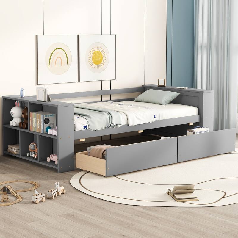 Twin Daybed with Built-In Storage Shelves and Drawers, Pine Wood Frame, Minimalist Design, Easy Assembly - Grey