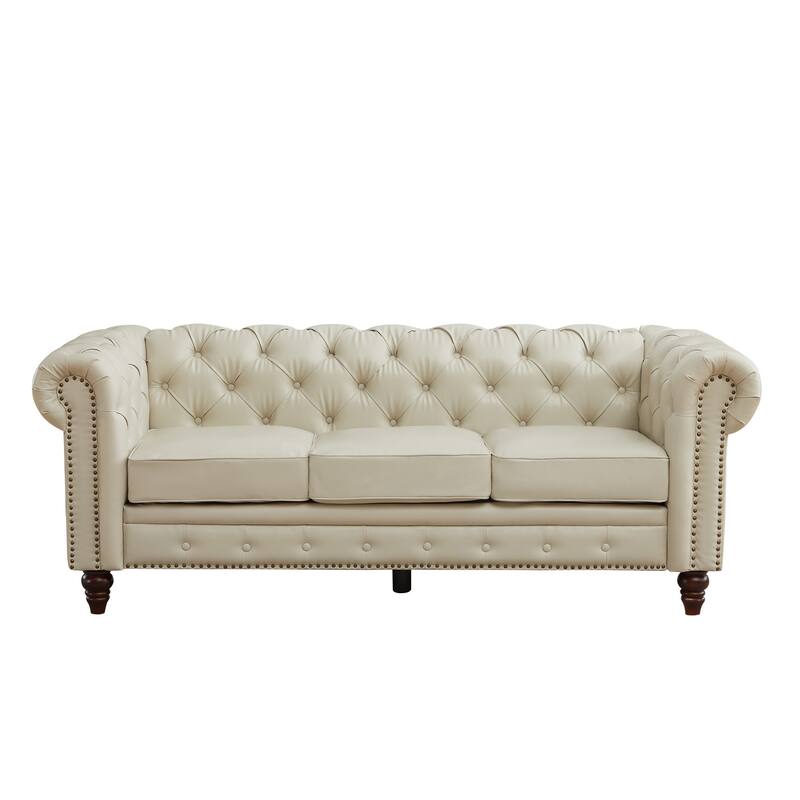 Vintage PU Button-Tufted Sofa Couch, Flared Arms, Rubberwood Legs & Nailhead Trim - Beige
