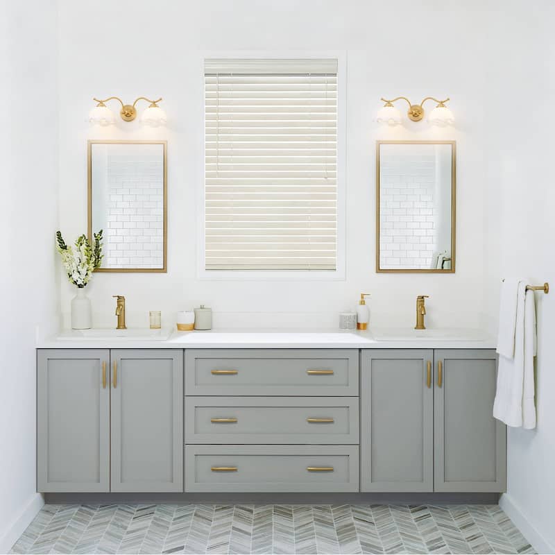 2-Light Gold Metal Wall Sconce with Flower Milky White Glass Shades