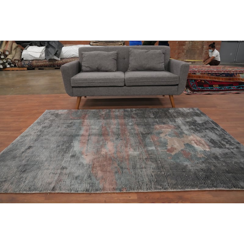 Hand Knotted Oriental Viscose Silk Carpet Modern Pictorial Greys & Charcoal Abstract Area Rug - 7' 0'' X 5' 0''