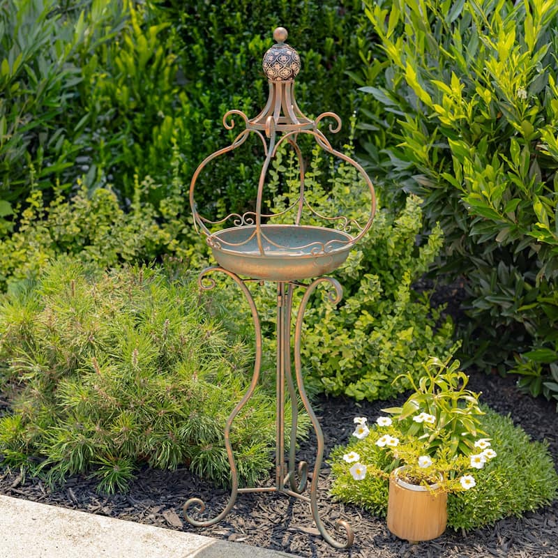 45 Inch Tall Standing Bronze Iron Birdbath with Ceramic Sailor Ball - 14.57x14.57x44.88
