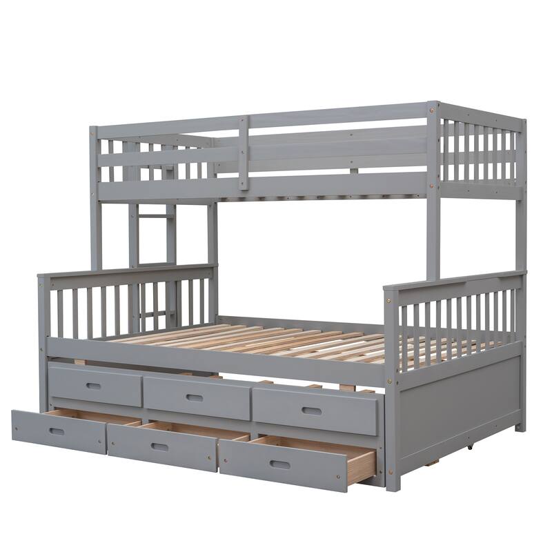 HomeRoots Gray Twin Over Full Solid Wood Bunk Bed With Drawers And Trundle And Storage