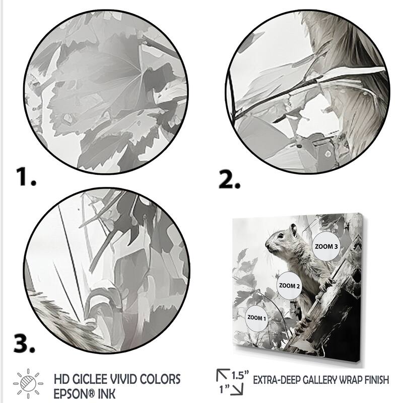 Designart "Black White Squirrel Forest Acrobat I" Squirrel Wall Decor Grey Modern Entryway Framed Wall Art