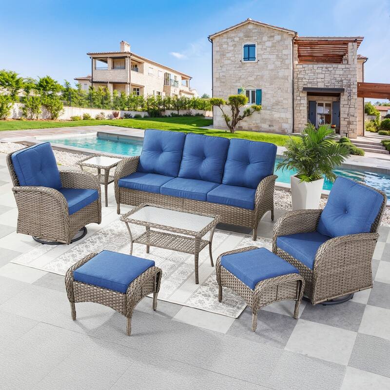 7 Pieces Swivel Chairs Sofa Table Ottomans Grey-Blue - Grey - Grey - Blue