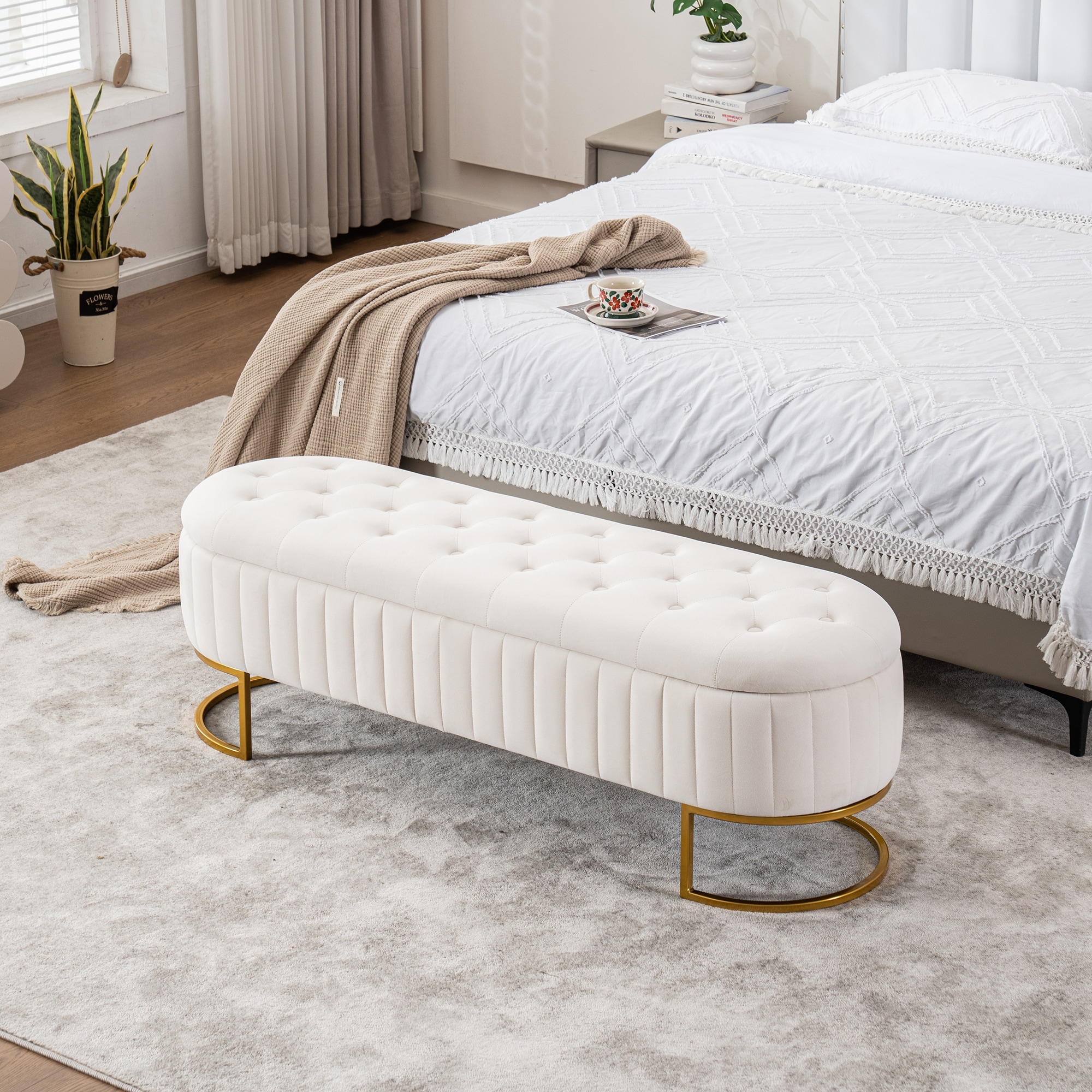 Velvet Storage Bench with Gold Legs for Bedroom End of Bed Window Entryway
