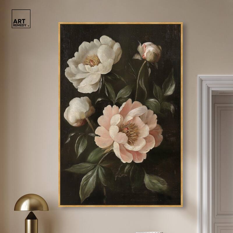 White Peonies in Dark II Canvas by Art Remedy