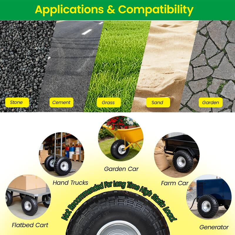 4 Solid Flat-Free Tire & Wheel, 5/8" Bearings, Heavy Duty for Wheelbarrows, Hand Trucks, Carts (Set of 4)