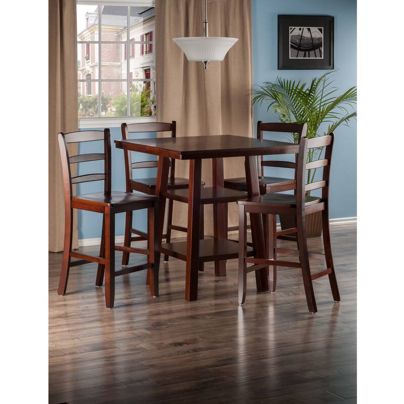 Compact 5 Piece High Table Set with Ladder Back Chairs for Kitchen or Dining - 33.86 x 33.86 x 36.06 inches - Walnut