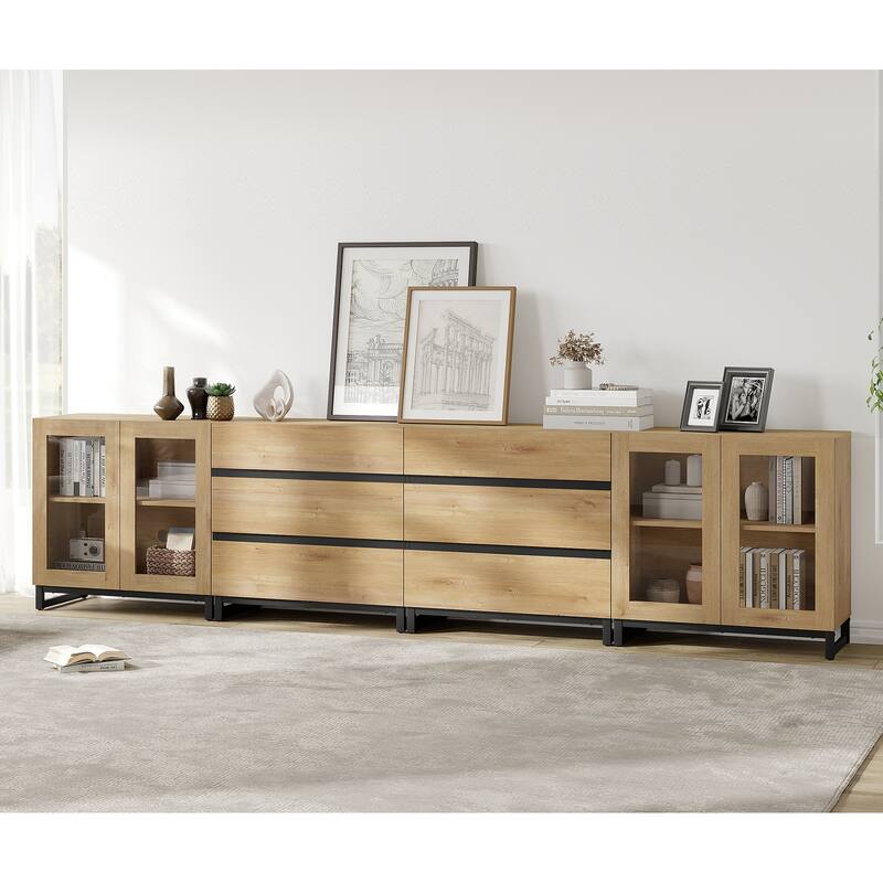 4 in 1 Multifunctional Dresser with Glass Doors & 6 Drawers, Adjustable Shelf Metal Base Storage Solution for Bedroom Closet - Oak - 6-drawer