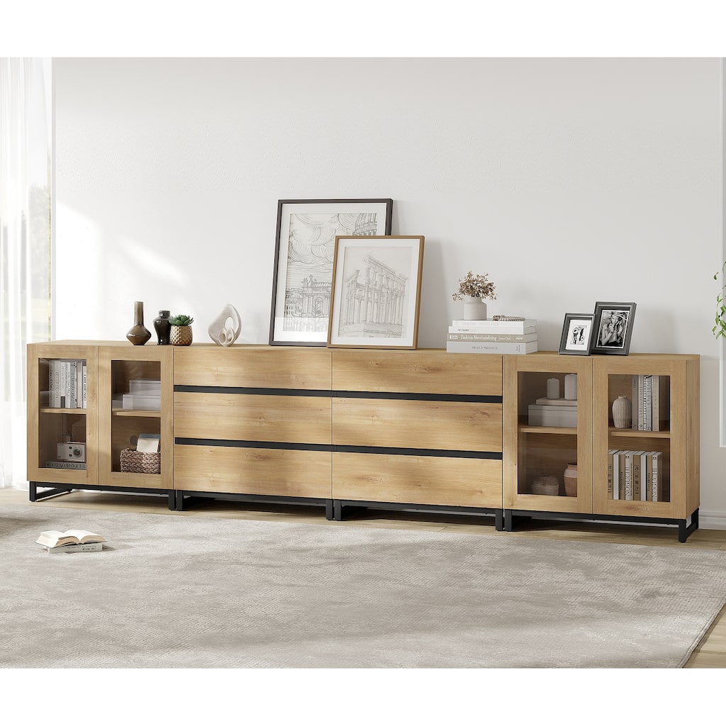 4 in 1 Multifunctional Dresser with Glass Doors & 6 Drawers, Adjustable Shelf Metal Base Storage Solution for Bedroom Closet
