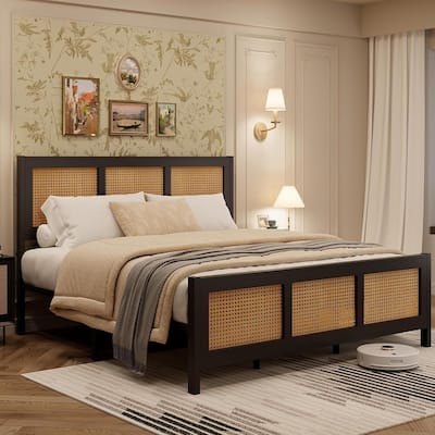Boho Rattan Platform Bed Frame with Headboard, Metal Slats Support, Noise-Free, No Box Spring Needed