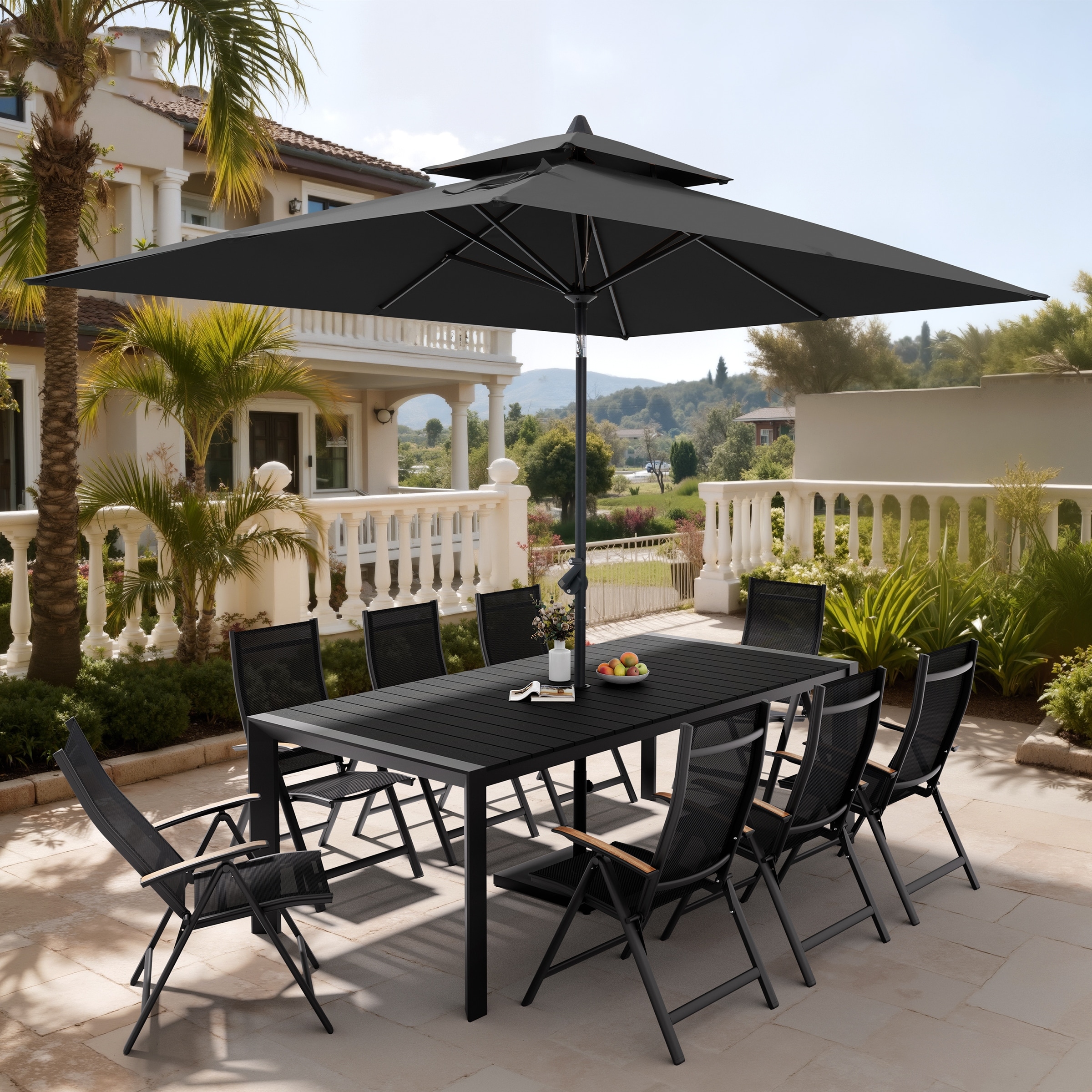 11-Piece Outdoor Patio Dining Set Wood Like Aluminum Umbrella Hole Table with Folding Chairs, Market Umbrella and Base