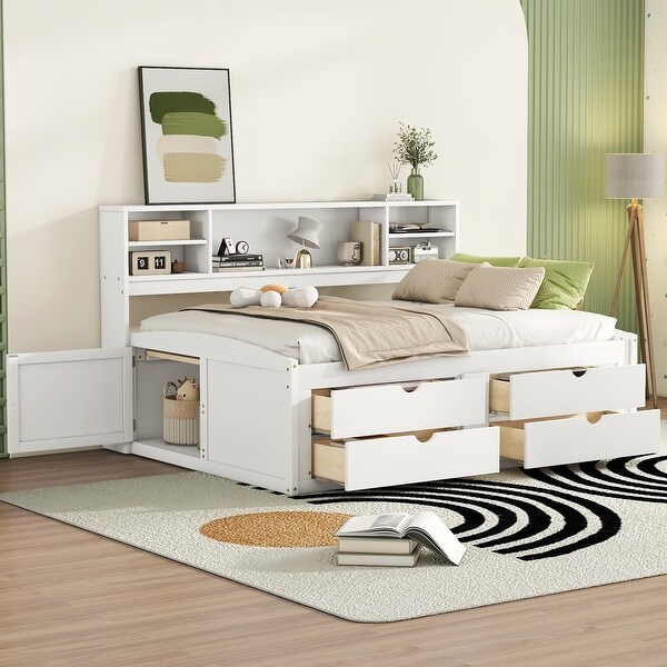ベッドフレーム 160cm bed frame with drawers White Full Size Wooden Daybed Frame with 2 Bedside Cabinets, Upper