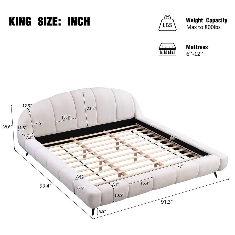 Christopher Knight Home - Alexander King Upholstered Platform Bed with Shell-Shape Headboard and Solid Wood Frame
