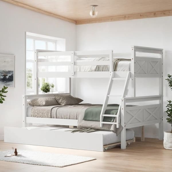 slide 2 of 26, Twin over Full Bunk Bed with Ladder, Twin Size Trundle and Safety Guardrail for Guest Room White
