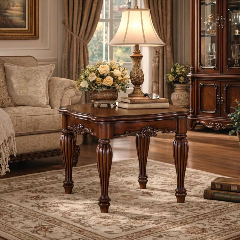 Wooden End Table with Carved Details, Cherry Brown