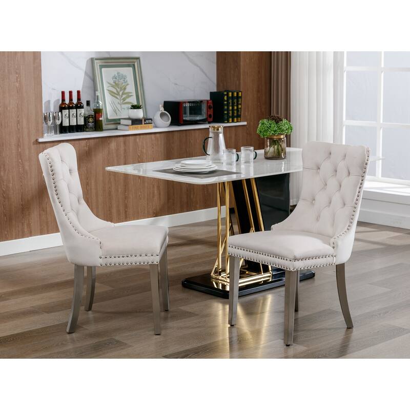 Set of 2 Velvet Dining Chairs with Nailhead Trim and Chrome-Plated Stainless Steel Legs