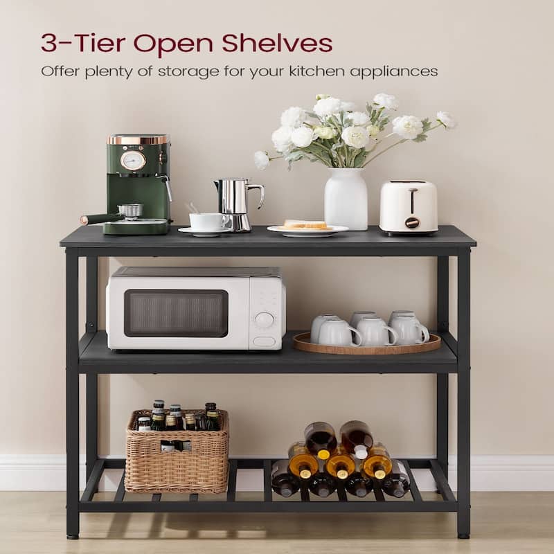 Black Metal Kitchen Shelf with Large Wooden Worktop and Adjustable Storage Racks