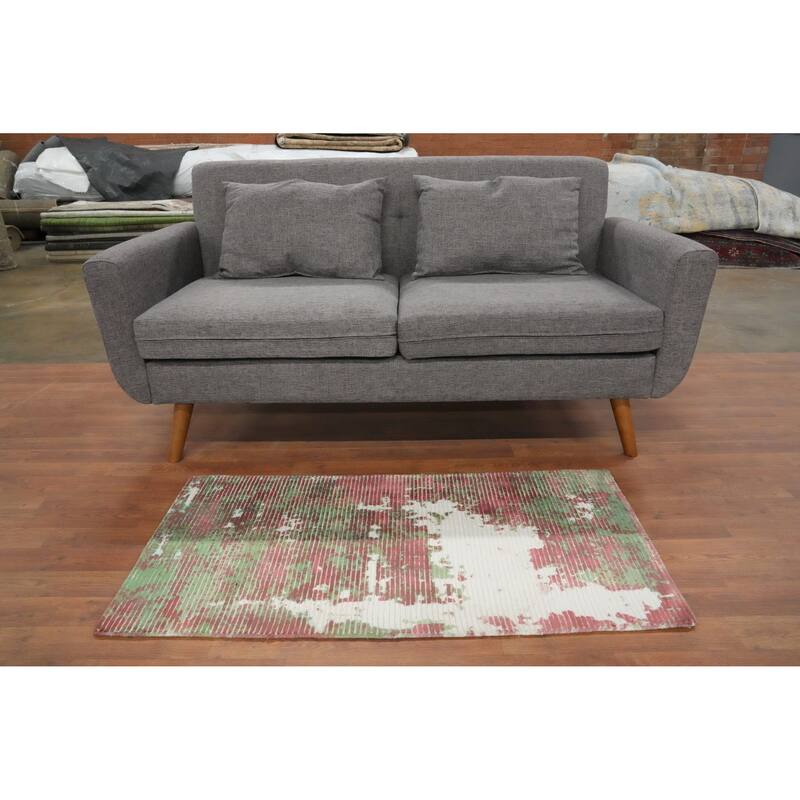 Hand Knotted Oriental Viscose Silk Carpet Modern All-Over Multi-Colored Abstract Area Rug - 3' 10'' X 2' 0''