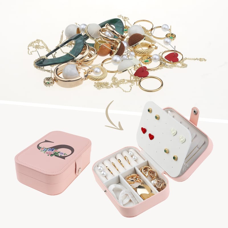 Letter Travel Jewelry Box for Girls Women Gifts, Portable PU Leather Jewelry Organizer Case Storage Display Holder - Pink - S