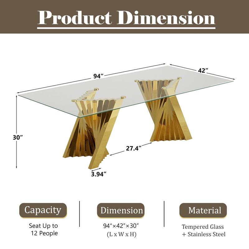 Luxury 78 inch Glass Dining Table with Mirrored Stainless Steel Base
