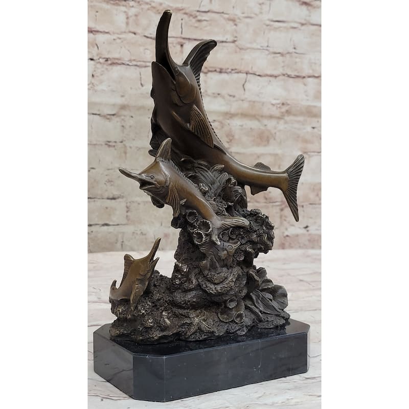 Original Bronze Statue Sculpture Of Marlin Sailfish Swordfish Jumping Out Of Ocean On Marble Base