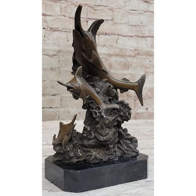 Original Bronze Statue Sculpture Of Marlin Sailfish Swordfish Jumping Out Of Ocean On Marble Base