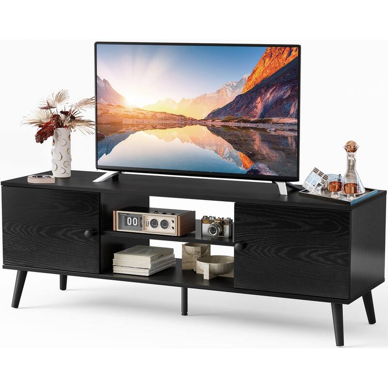 Modern TV Stand for 55-60 Inch TVs, 2 Storage Cabinets with Adjustable Shelves, Soft Close Doors, Stylish Handles - Black