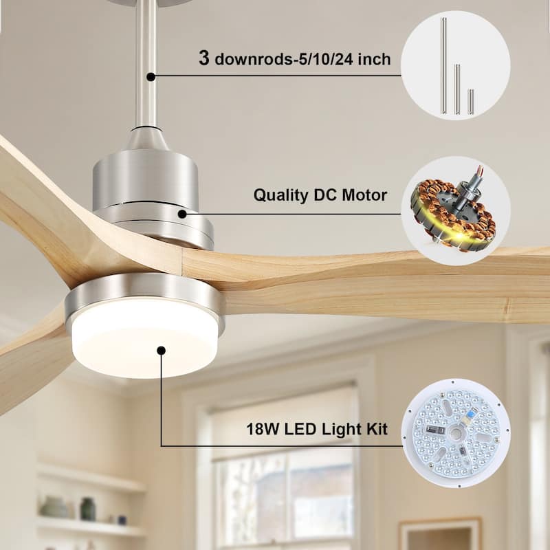 52" Wooden 6-Speed Noiceless Reversible DC Motor Ceiling Fan with Light and Remote
