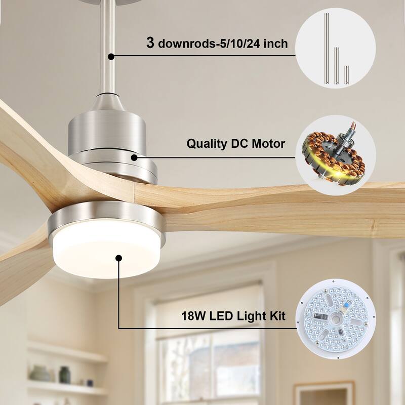 Sofucor 48/52 Inch Wood Ceiling Fan with Light and Remote/Smart App Voice Control, Dimmable Lights Included
