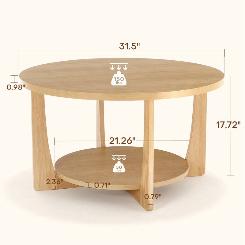 31.5" Round Coffee Table with Solid Wood Legs and 2-Tier Storage - 31.5"Dia x 17.72"H