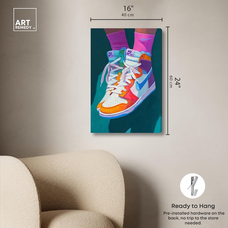 Colorful Sneaker Jump Canvas by Art Remedy, Gallery Wrapped