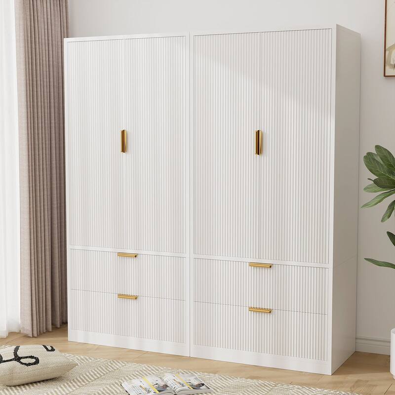 Gymojoy 2 Door Armoire Wardrobe Closet with Drawers, Modern Fluted Bedroom Storage Cabinet