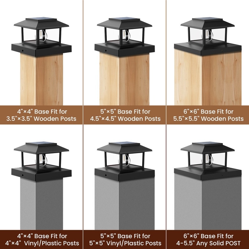 Black/White Solar Post Cap Fence Light - Fits 4x4, 5x5, 6x6 Wooden Posts - Dusk-to-Dawn