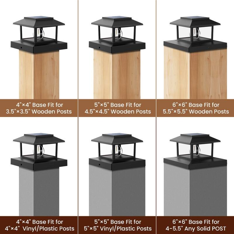 Black/White Solar Post Cap Fence Light - Fits 4x4, 5x5, 6x6 Wooden Posts - Dusk-to-Dawn