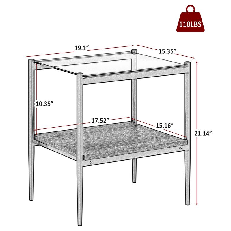 Set of 2 Rectangle End Table Tempered Glass Tabletop with MDF layer