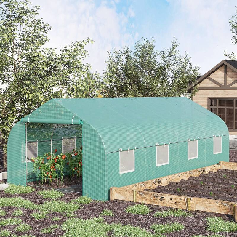 Outdoor Garden Roll-Up Door Greenhouse with Reinforced Steel Frame and Mesh Windows - Green