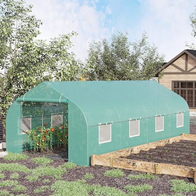 Outdoor Garden Roll-Up Door Greenhouse with Reinforced Steel Frame and Mesh Windows - Green