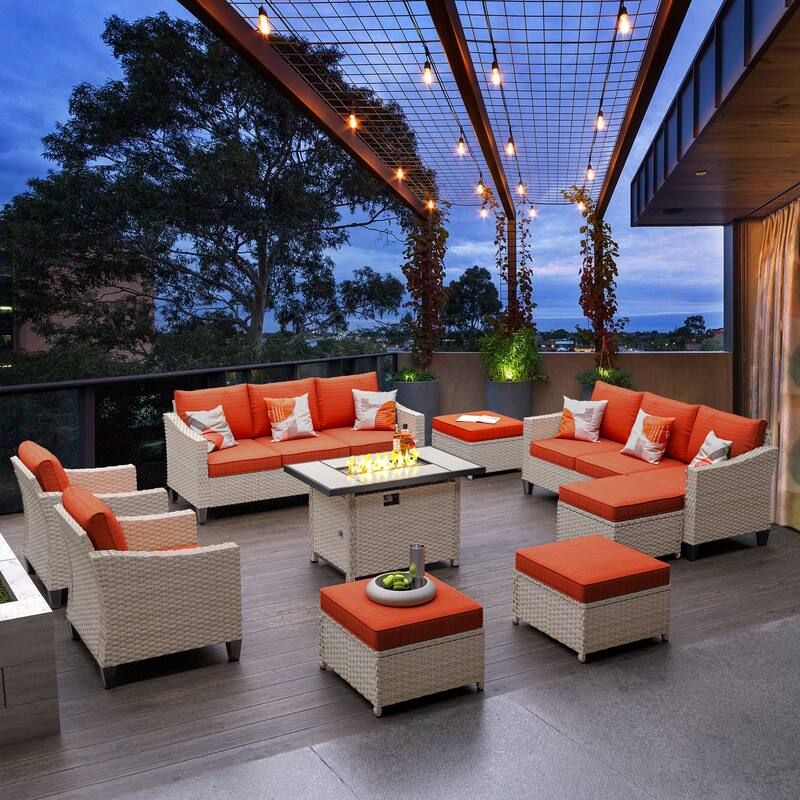 HOOOWOOO 9-piece Wicker Outdoor Patio Seating Set with Fire Pit Table